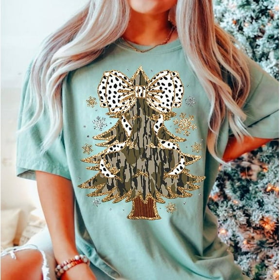 Colorful Coquette Glitter Christmas Tree Shirt, Girl Camo Christmas Tree Tee, Camo Mama Christmas T-Shirt, Dalmatian Dots and Bow Shirt