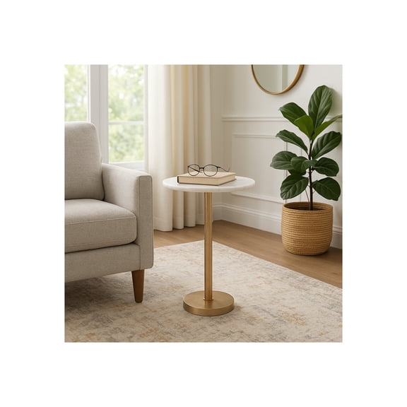 Elegant End Table, Side Table, or Small Night Stand for Room Decor - Hammered Metal Bedside Table with Polished Marble Top for Small Spaces - Perfect for Bedroom or Living Room - 25" White & Gold