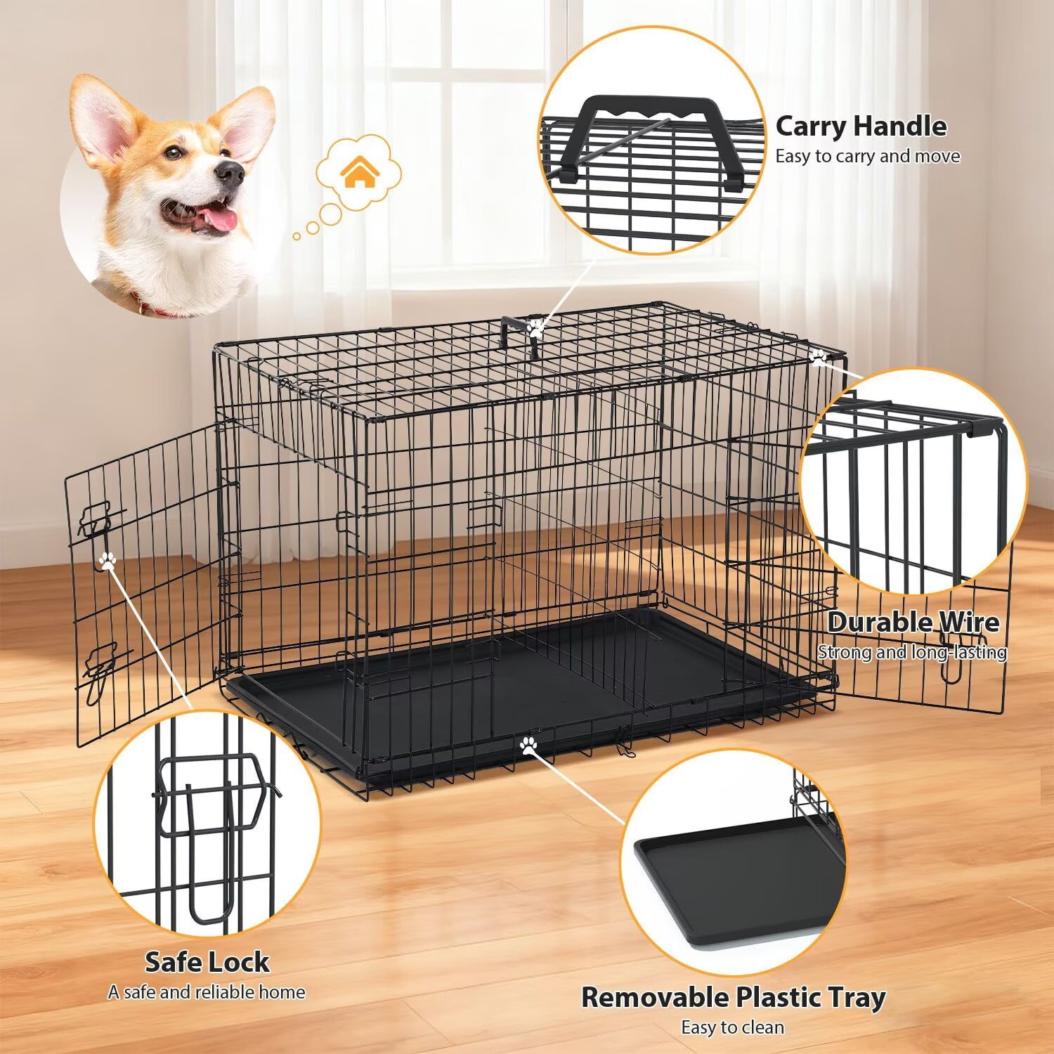 CL.HPAHKL Small Dog Crate, 24 inch Folding Metal Wire Dog Cage with Plastic Leak-Proof Pan Tray, Puppy Crate Pet Kennel for Small Dog Indoor Outdoor Travel, Black