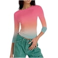 thumbnail image 2 of Womens Slim Fit T-shirts 3/4 Sleeve Crewneck Plus Size Y2k Crop Tops Graphic Base Tee Shirt S-3X Casual Spring (M, Pink|Gradient), 2 of 7