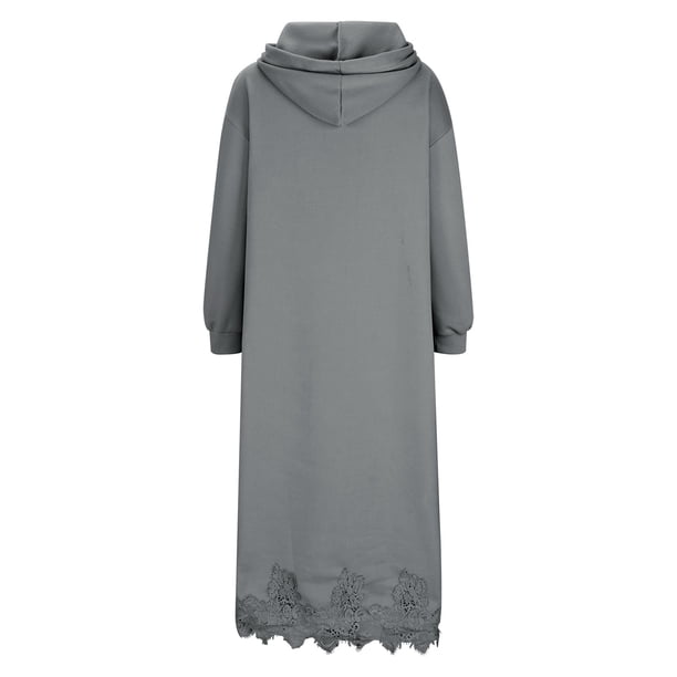 lace hoodie dress AKOEE Womens Cotton Blend Oversized Hoodie Dress Floral Lace Hem Long Sleeve Hooded Sweatshirt Maxi Dress with Pockets (Medium, Gray), Women's