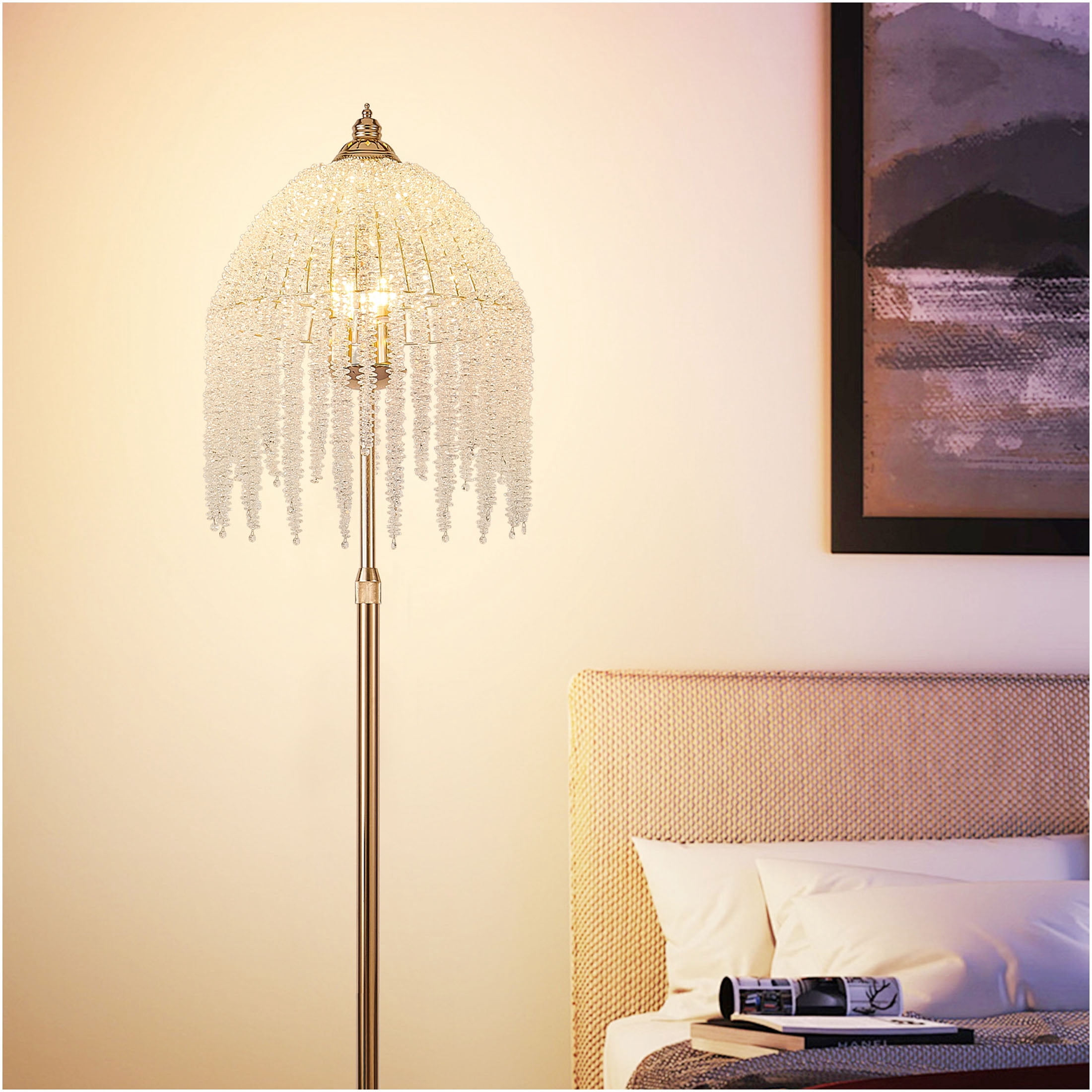JERFIT 3-Light Crystal Floor Lamp with Waterfall Beads, Vintage Gold Iron Floor Light for Living Room, Bedroom, Office Decor, Plug-in with Foot Switch, No Bulbs Included