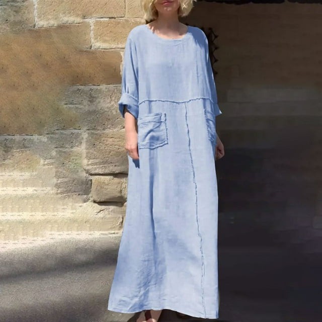 50 % de Rabais! Robes Mignonnes pour Femmes, Printemps et Été, Col en V, Uni et Lin, Robe Décontractée à Manches Longues avec Poches, Bleu 5TG