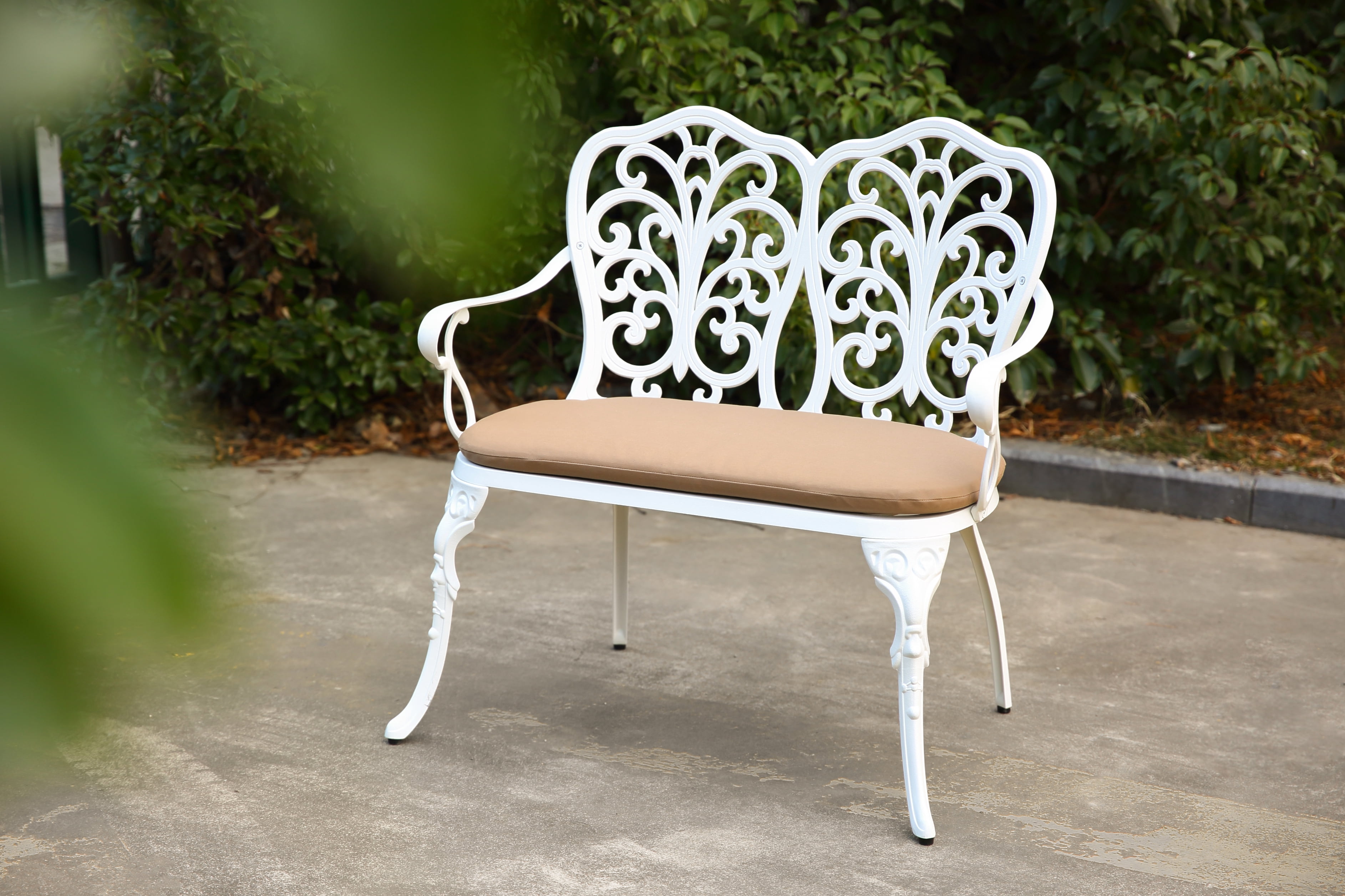 Cast Aluminum Outdoor Bench with Floral Rose Backrest and Cushion, Weather-Resistant Park Bench for Patio and Garden, White