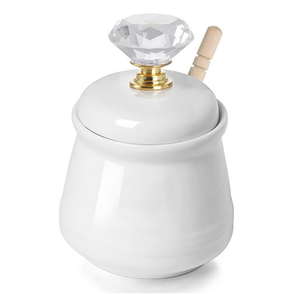 Honey Jar,Ceramic Honey Pot with Dipper and Crystal Lid 12oz,Gold