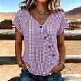 thumbnail image 5 of Favoffer Women's Plaid Pullovers V Neck Short Sleeve Button Placket Grid Weave Loose Silhouette Daily Shirts Picnic Gathering Weekend Rest, 5 of 8