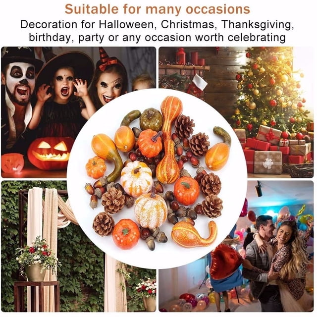 Xihbxyly Juego de Calabazas Artificiales, Hojas de Arce Otoñales, Bellotas y Calabazas, Perfecto para Acción de Gracias, Halloween, Decoración de Fiestas, Reutilizable, 50 Piezas, Fácil de Pegar En C