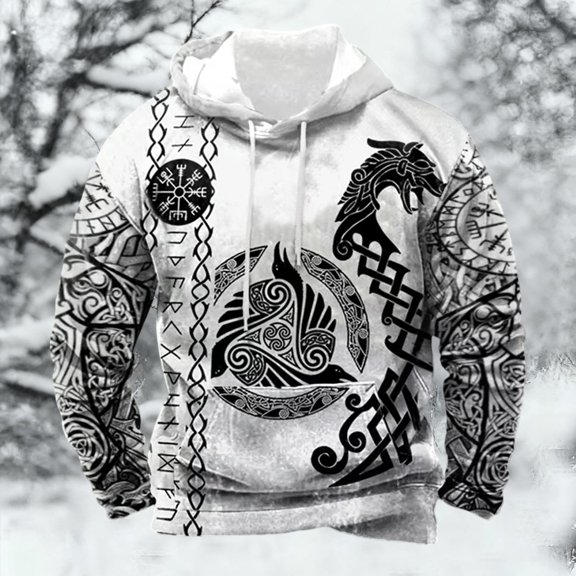 KANG European Medieval Norse Mythology Hooded Retro Casual Printed Hooded Sweatshirt