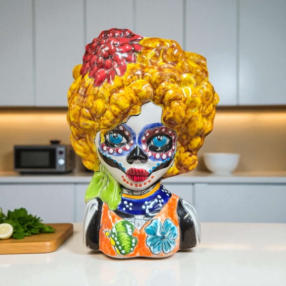 Colorful Talavera Lady Skull Planter | Day of the Dead Decor