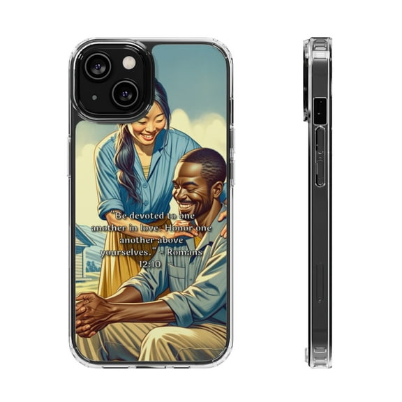 DistinctInk Hybrid (Acrylic / TPU) Clear Slim Fit Case for Apple iPhone 13 (6.1" Screen) - "Romans 12:10: Devotion and Honor in Love"