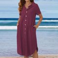 thumbnail image 2 of Robes Décontractées pour Femmes, Couleur Unie, Boutonnée, Col en V, Col à Revers, Robe Midi, Manches Longues/courtes, Robe Chemise avec Poches, 2 of 7