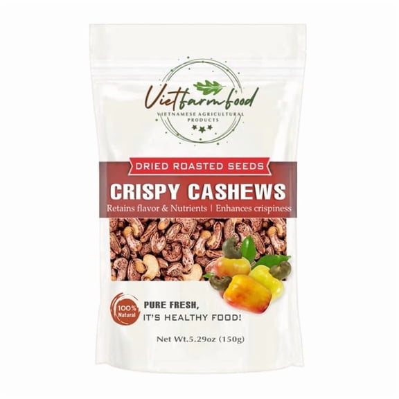 ROASTED CASHEW NUTS 5.29oz (150g) VIETFARMFOOD: Naturally dry roasted. No sugar, no oil, natural sweetness, characteristic fatty taste, crispy. Suitable as a topping, delicious, nutritious snack.