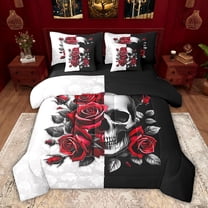 Feelyou Gothic Skull Teens Twin Bedding Sets 7-Piece, Valentine's Day Rose Bedding Comforter Set, Black Red Flower Reversible Sheet Sets, Microfiber Bedroom Decor