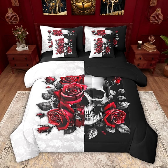 Feelyou Gothic Skull Teens Twin Bedding Sets 7-Piece, Valentine's Day Rose Bedding Comforter Set, Black Red Flower Reversible Sheet Sets, Microfiber Bedroom Decor