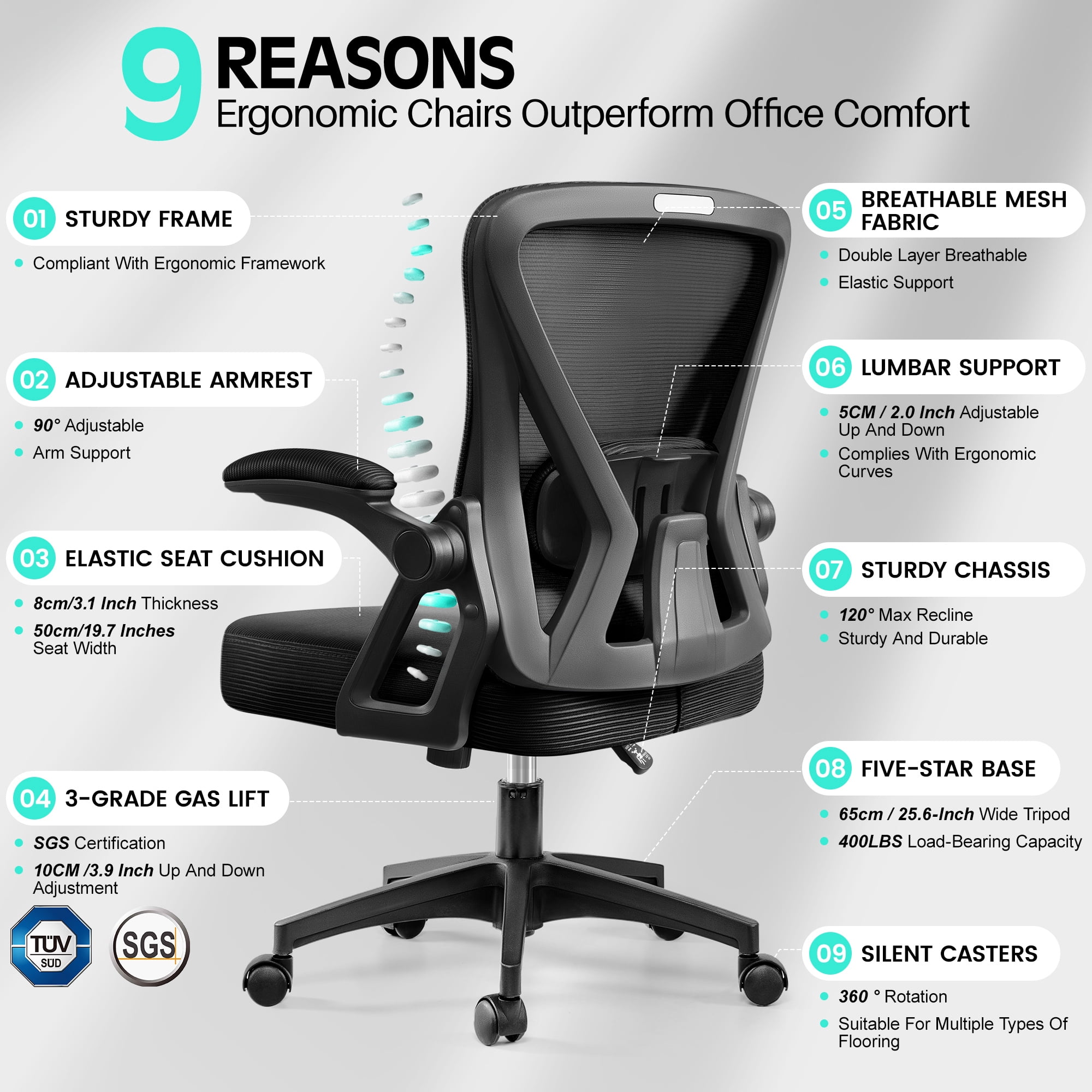 COOLHUT Office Desk Chair, 400LBS Ergonomic Mesh Rolling Work Swivel Task Chairs with Wheels, Comfortable Lumbar Support, Comfy Flip-up Arms for Home, Bedroom, Study, Student, 8-Years Warranty, Black