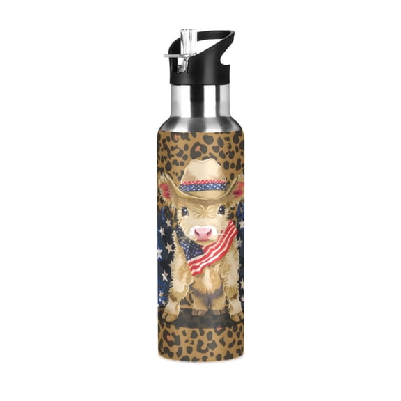 ALAZA Highland Cow Leopard Water Bottle Insulated Flask Stainless Steel Straw Lid 20 oz