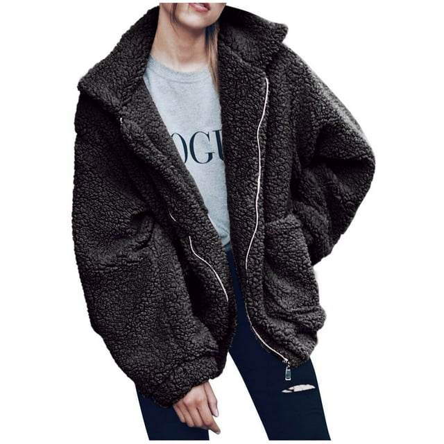 PENGXIANG Ladies Loose Plush Long Sleeve Zipper Pullover Pocket Color Sweater Coat