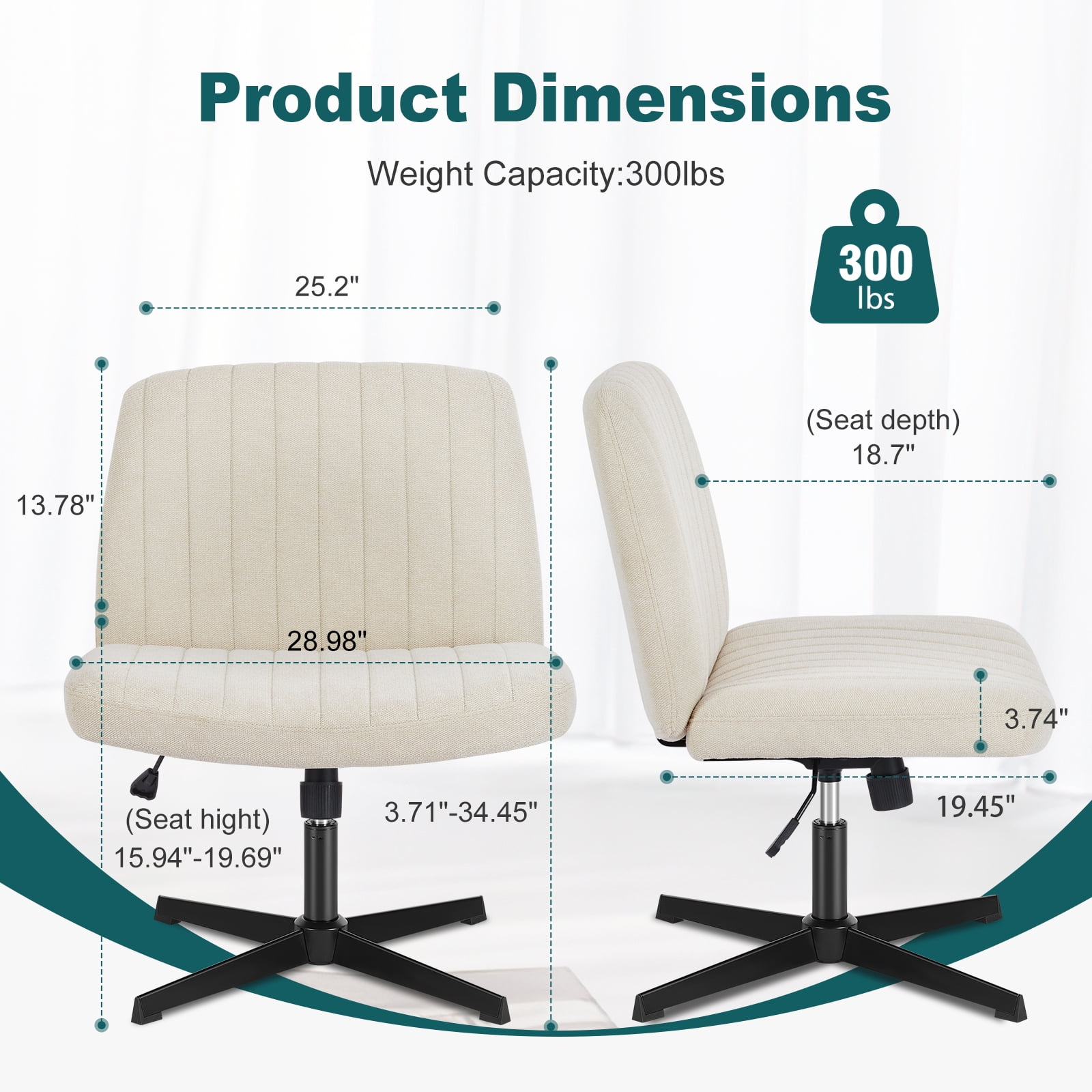 JIOABL Criss Cross Chair with Wheels,Wide Seat Ergonomic Desk Chair,U Shaped Backrest,Height Adjustable Armless Swivel Chair for Home Office,Vanity & Living Room,Linen Beige