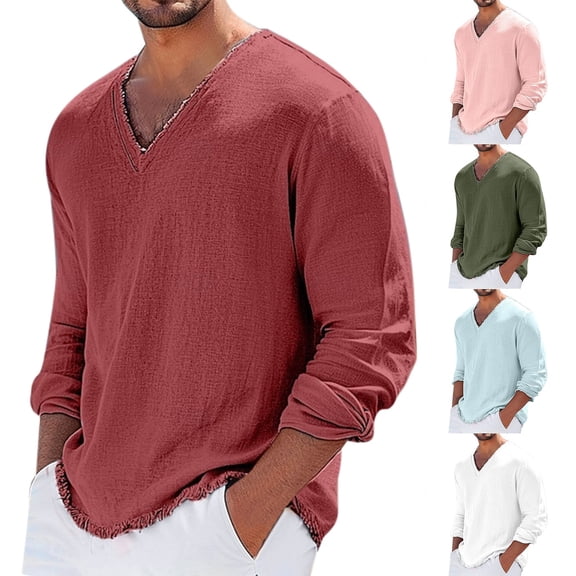 Men’s V Neck Long Sleeve T-Shirt Solid Color Cotton Linen Casual Spring Summer Top