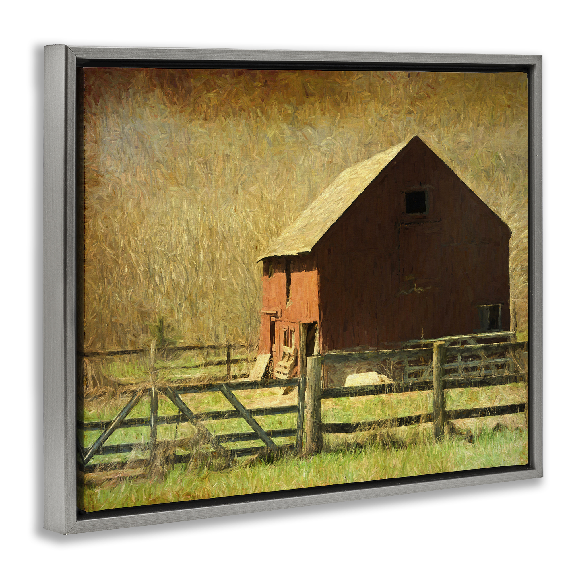 Stupell Industries Red Barn Distressed Pattern Landscape & Nature Painting Gray Floater Framed Canvas Art Print Wall Art, 31 x 25