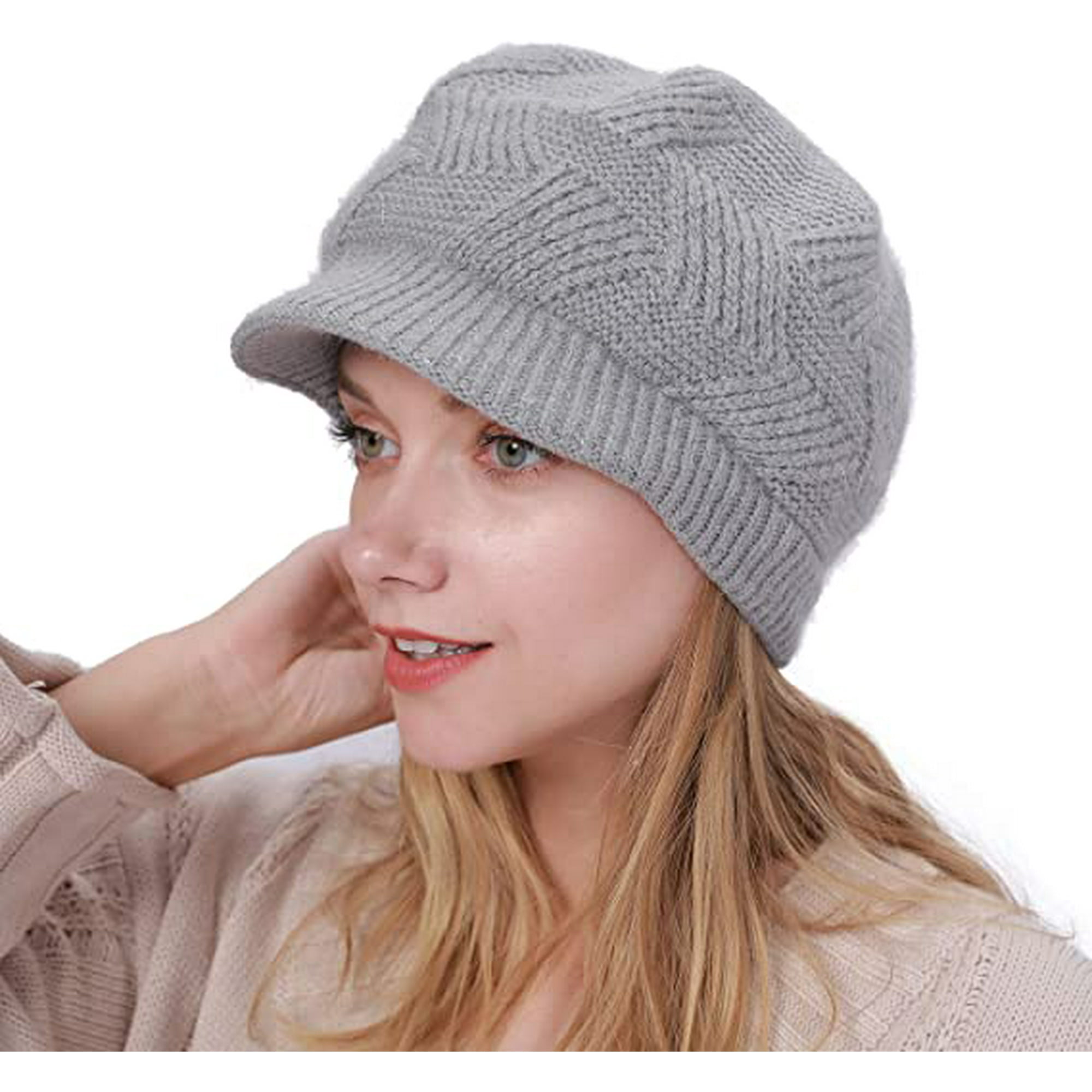 Jinsinto Warm crochet women's winter hat with visor, gray