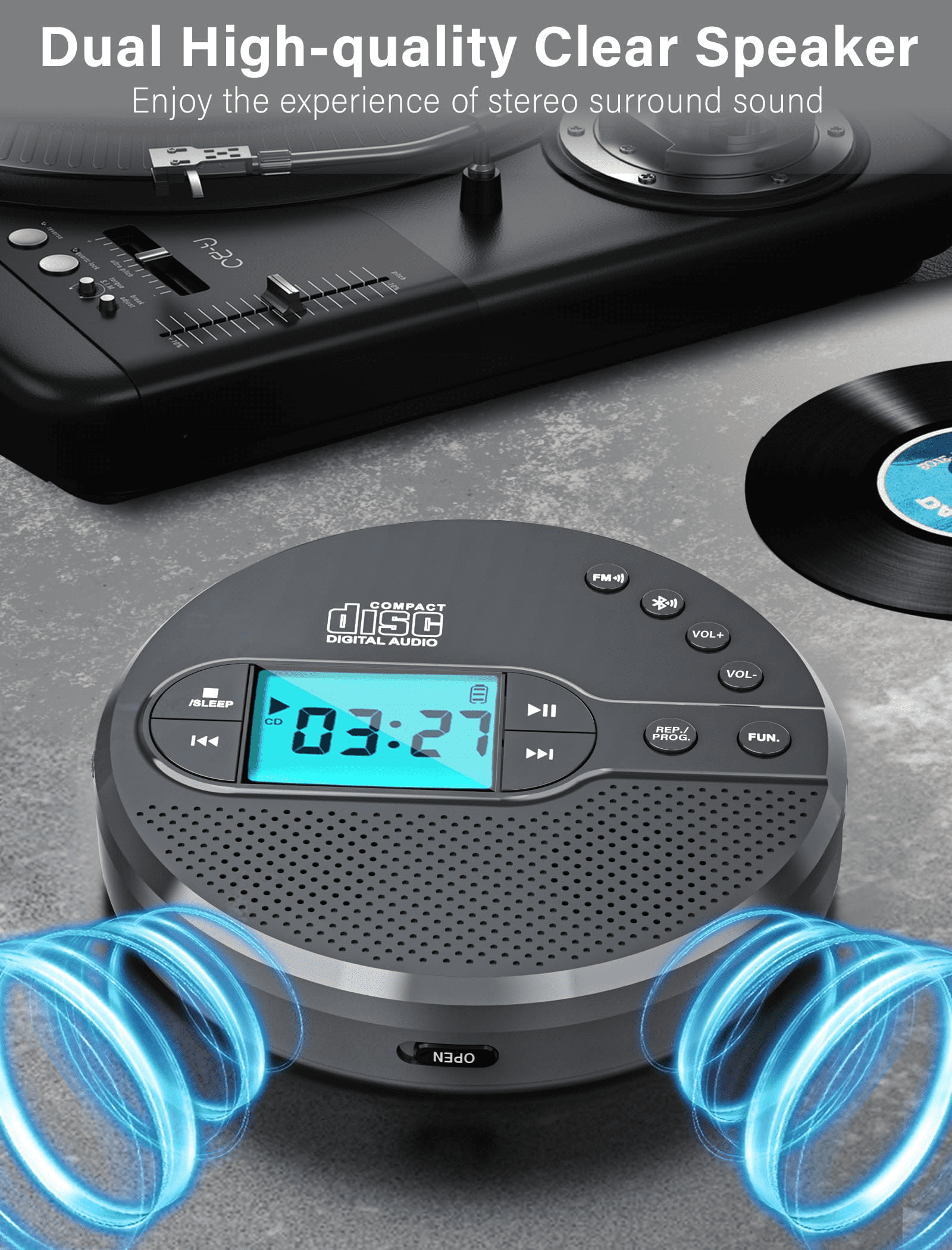 Jazmm NEW 2025 CD Player Portable with Bluetooth, 2000mAh Rechargeable Discman CD Player for Car