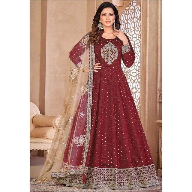 Graceful Pakistani Maroon Silk Anarkali Suit with Hand Embroidery – XL Size | Party & Wedding Wear