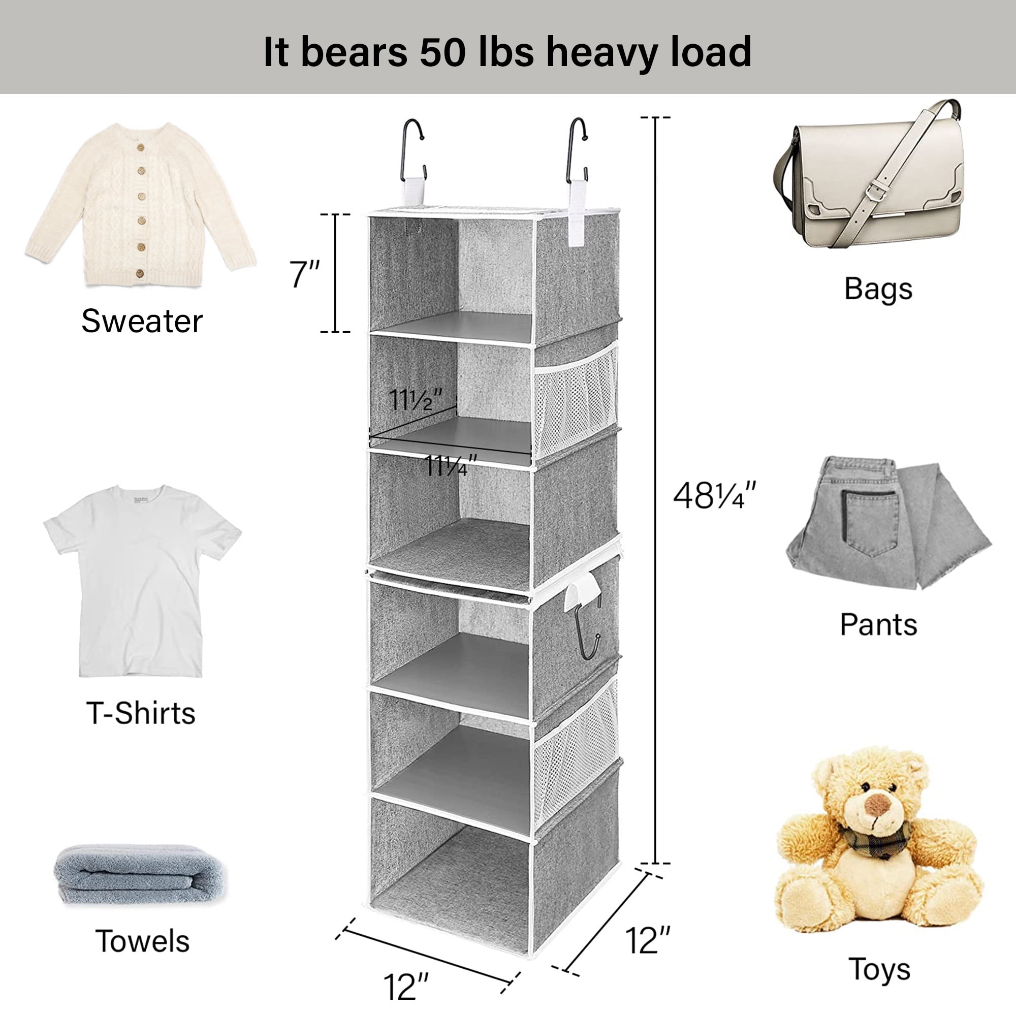 StorageWorks Fabric Hanging Closet Organizer, 6-Shelf Hanging Storage Organizer for Cabinet, Gray, 12"x12"x42"