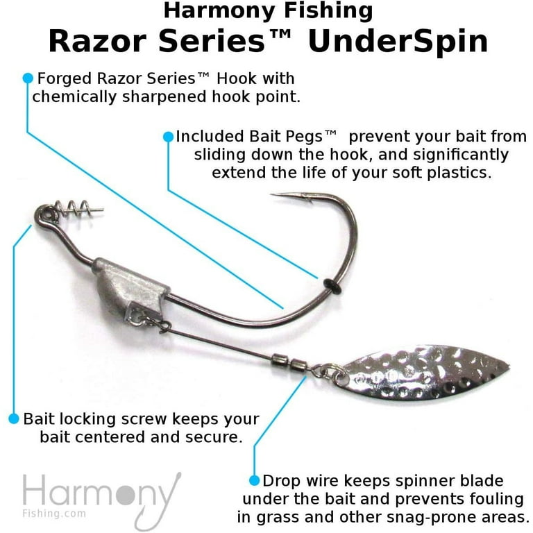 Harmony Fishing - Razor Series Underspin Swimbait Hooks 4 Pack w/ 5 Bait  Pegs 1/4 oz 3/0 Hook 