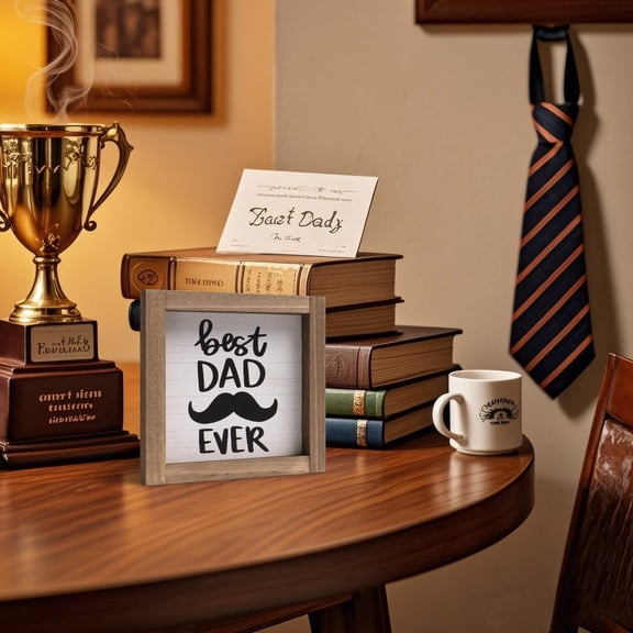 Best Dad Ever Wooden Sign, Father's Day Farmhouse Table Decor, Rustic Wood Framed Desk Shelf Decoration, Meaningful Gift for Dad, Home Office Living Room Accent