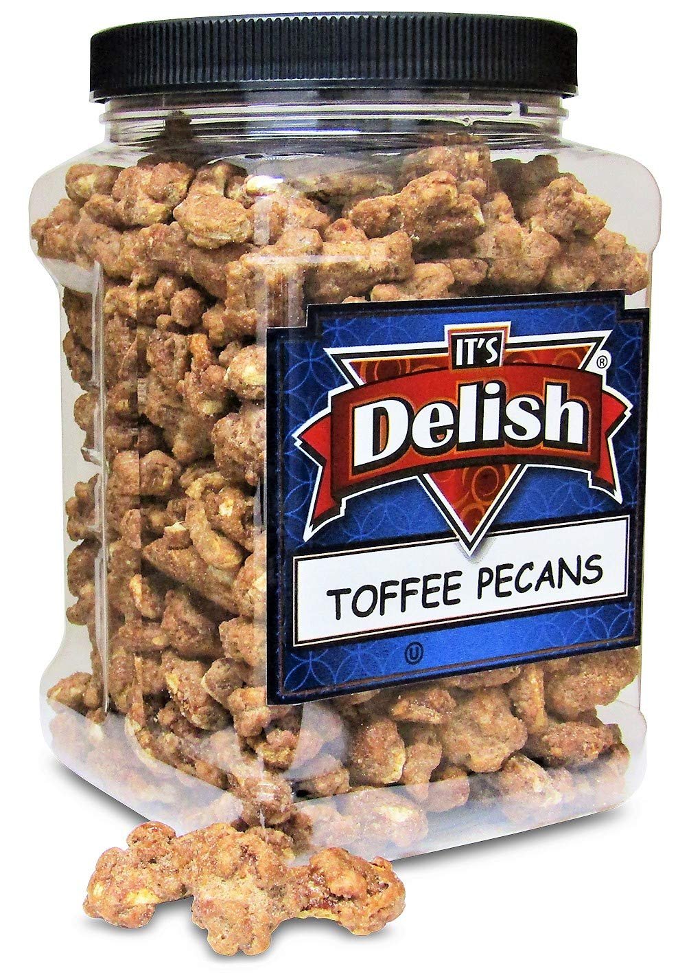 Gourmet Toffee Coated Pecans by Its Delish - 2.2 LBS Jumbo Reusable Container Jar - Sweet Crunchy Caramelized Pecan Nuts Snack