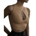 thumbnail image 1 of Camiseta sin mangas con cuello alto para mujer, Top corto sin mangas con estampado liso calado en el pecho para primavera, verano y otoño, color caqui M, 1 of 6