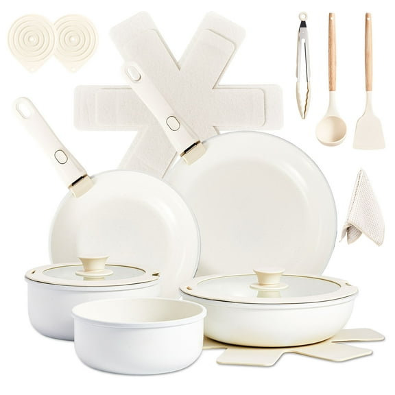17-Piece Non-Stick Cookware (Cream White) - 5 Aluminum Pots   2 Lids, Removable Handles, Microwave/Oven Safe
