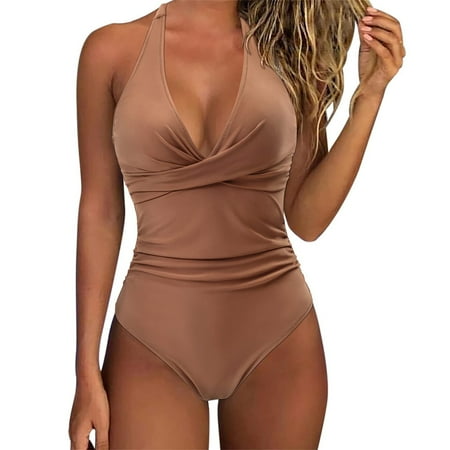 Xiangyun Bathing Suit for Women Swimsuits for Women 2025 One Piece Swimsuit Women Casual Strap Bathing Swimwear V Neck Bikini Swimsuit Swimwears One Piece Thong Swimsuit Women Coffee 2XL