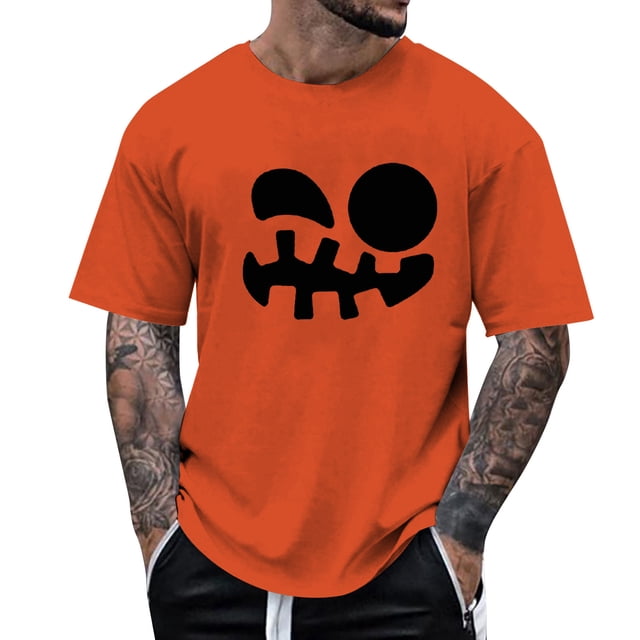 VBARHMQRT Blue Sweatshirt Men's Print Theme T Shirt Printed Solid Color Short Sleeve Top Orange