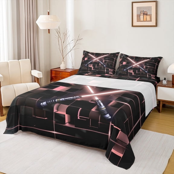 Erosebridal Laser Lights Game Sheet Set Twin,Geometric Geometry Buffalo Bedding Sets Twin Size,Neon Pink Twin Sheet Sets For Youth,Super Cozy Room Decoration，3 Pieces