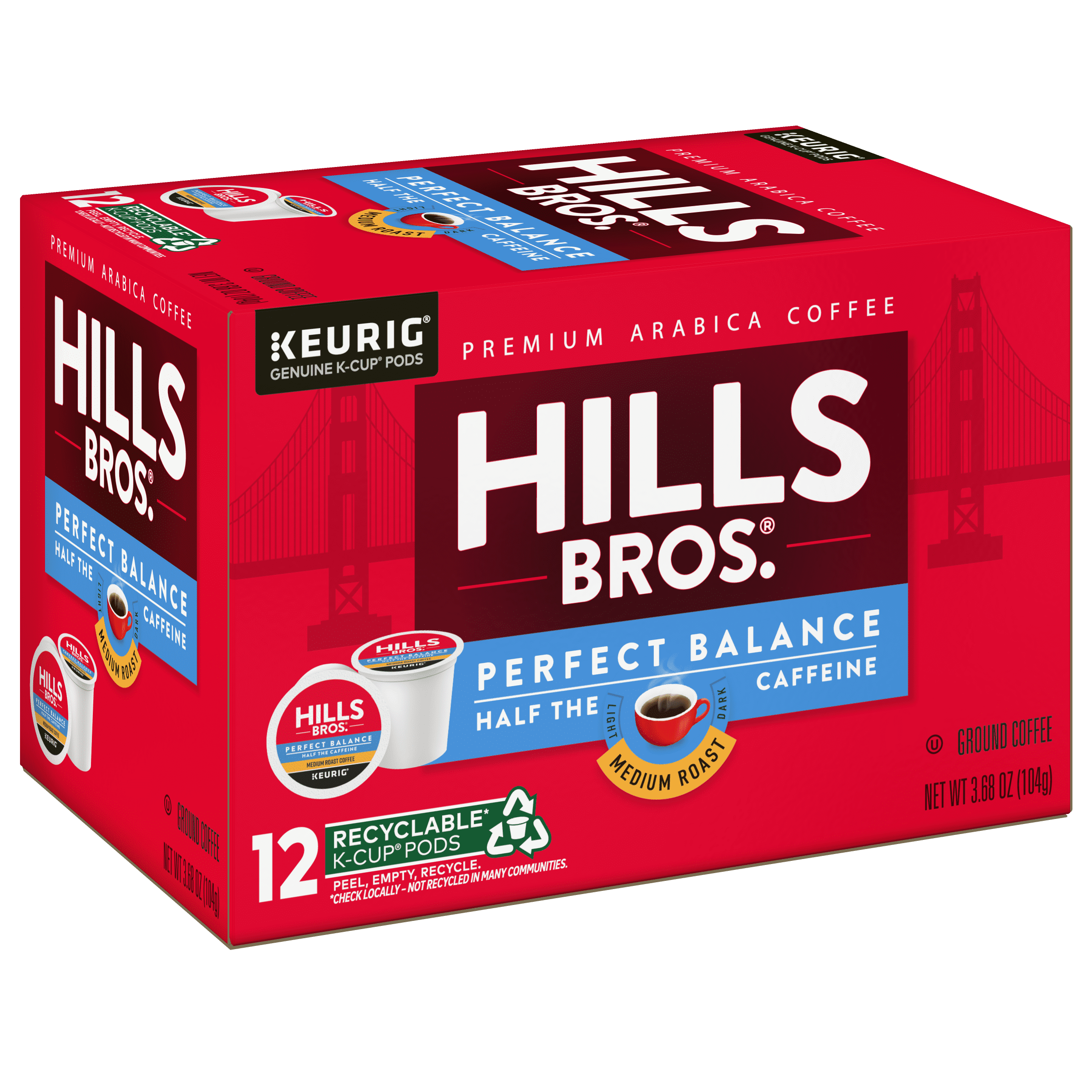 Hills Bros. Perfect Balance Half-Caffeine 100% Arabica Medium Roast , K-Cup® Coffee Pods, 12-Count Box