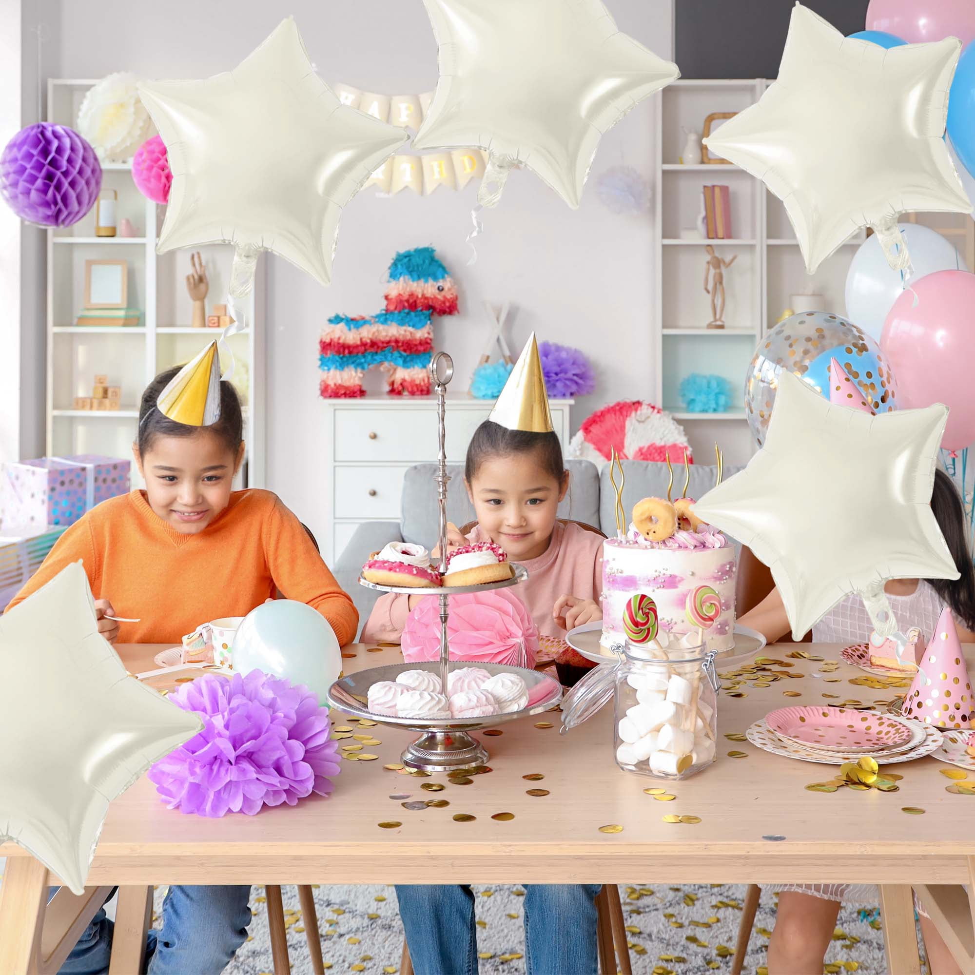 Unique Bargains 10Pcs Helium Balloons with Ribbon Star Pattern White