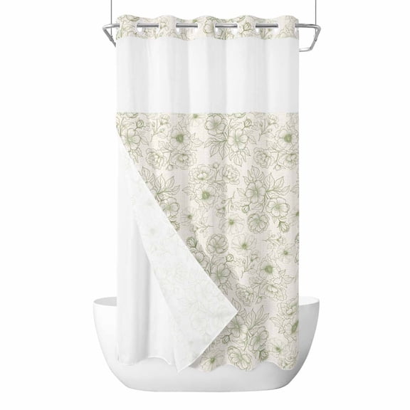 No Hook Farmhouse Flowers Shower Curtain with Snap in Liner Set, Green Botanical Floral Patterned Waterproof Fabric Bathroom Curtains with See Through Top Window, Hotel Style Stall 54 x 78 Inch