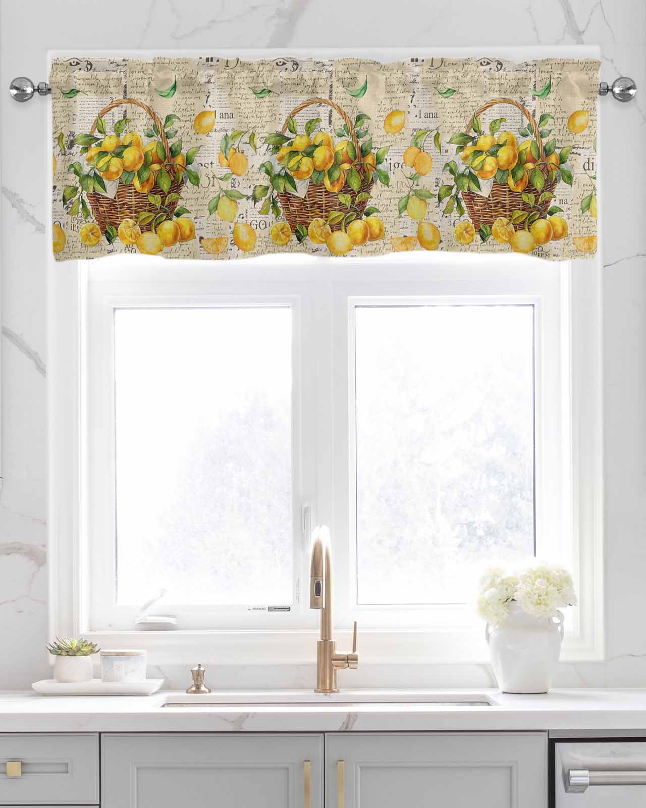 Rustic Lemon Linen Curtain Valance for Bedroom/Bathroom/Kitchen/Office/Living/Dining Room Window,Watercolor Retro Blooming Fruit Yellow Pocket Topper Drapes Decorative Cafe Drapery Panel 54"x18"
