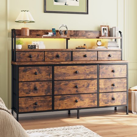Dresser for Bedroom Long Dresser with 13 Fabric Drawers and Shelves for Closet with LED Light Rustic Brown