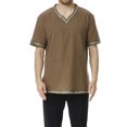 thumbnail image 2 of Short Sleeve Renaissance Top, V Neck Medieval Renaissance Tunic Top, Decorative Trim Short Sleeve Viking Peasant Cosplay Shirt for Adult Larp Halloween Party,Earth Tone Casual Historical Top, Brown M, 2 of 5