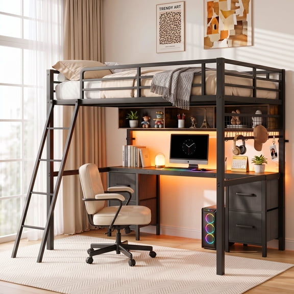 Full Size Loft Bed with Desk, 4 Drawers and LED Lights, Black