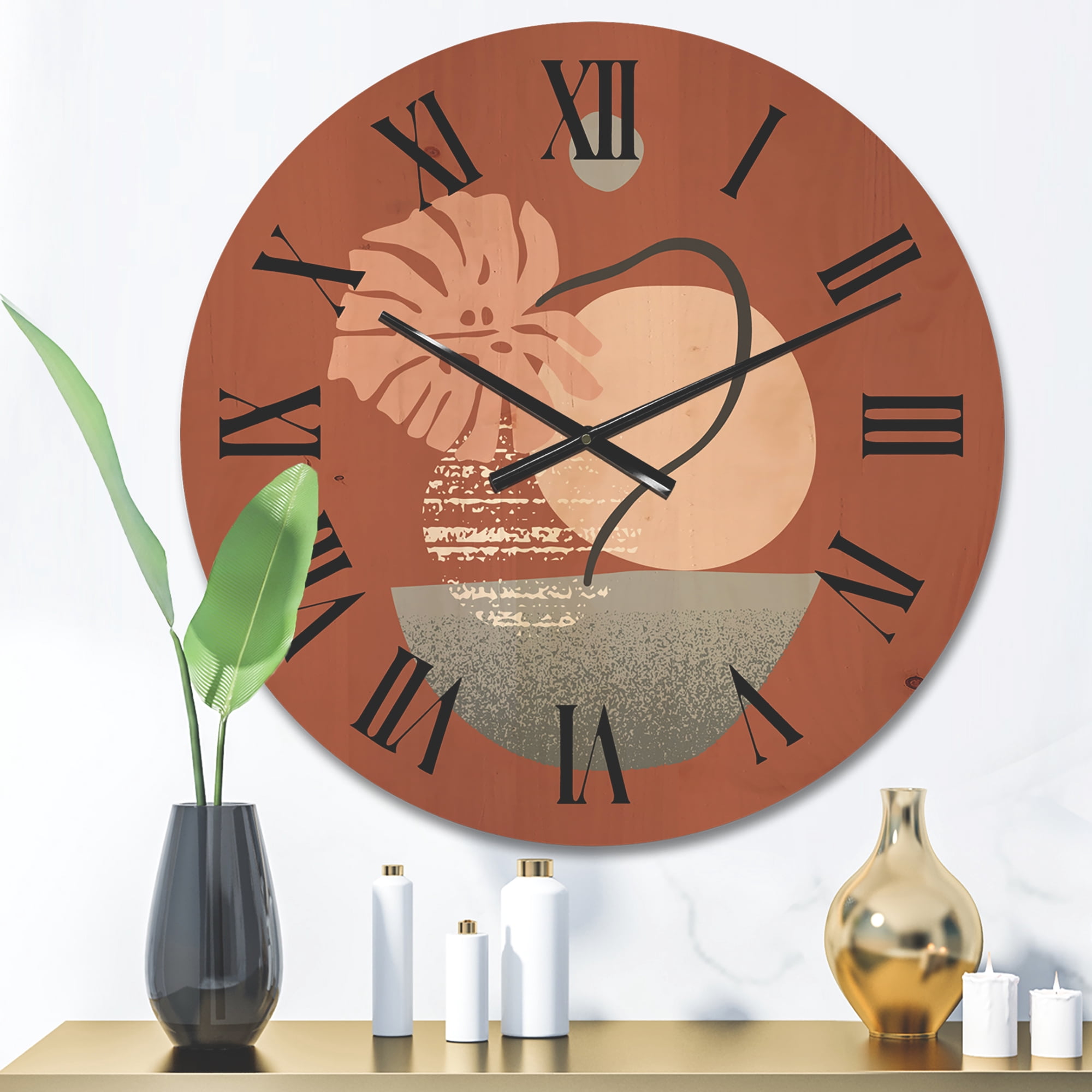 Designart 'Abstract Geometry Shapes and Tropical Palm Leaf IV' Modern Wood Wall Clock