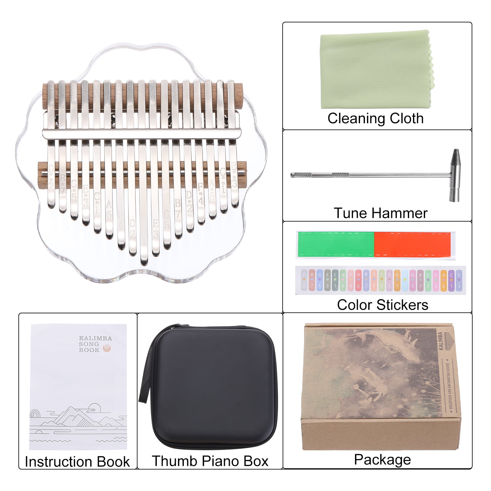 17 Keys Thumb Piano,Transparent Cherry Blossom Portable Finger Piano with Carry Box Musical Note Stickers Tuning Hammer