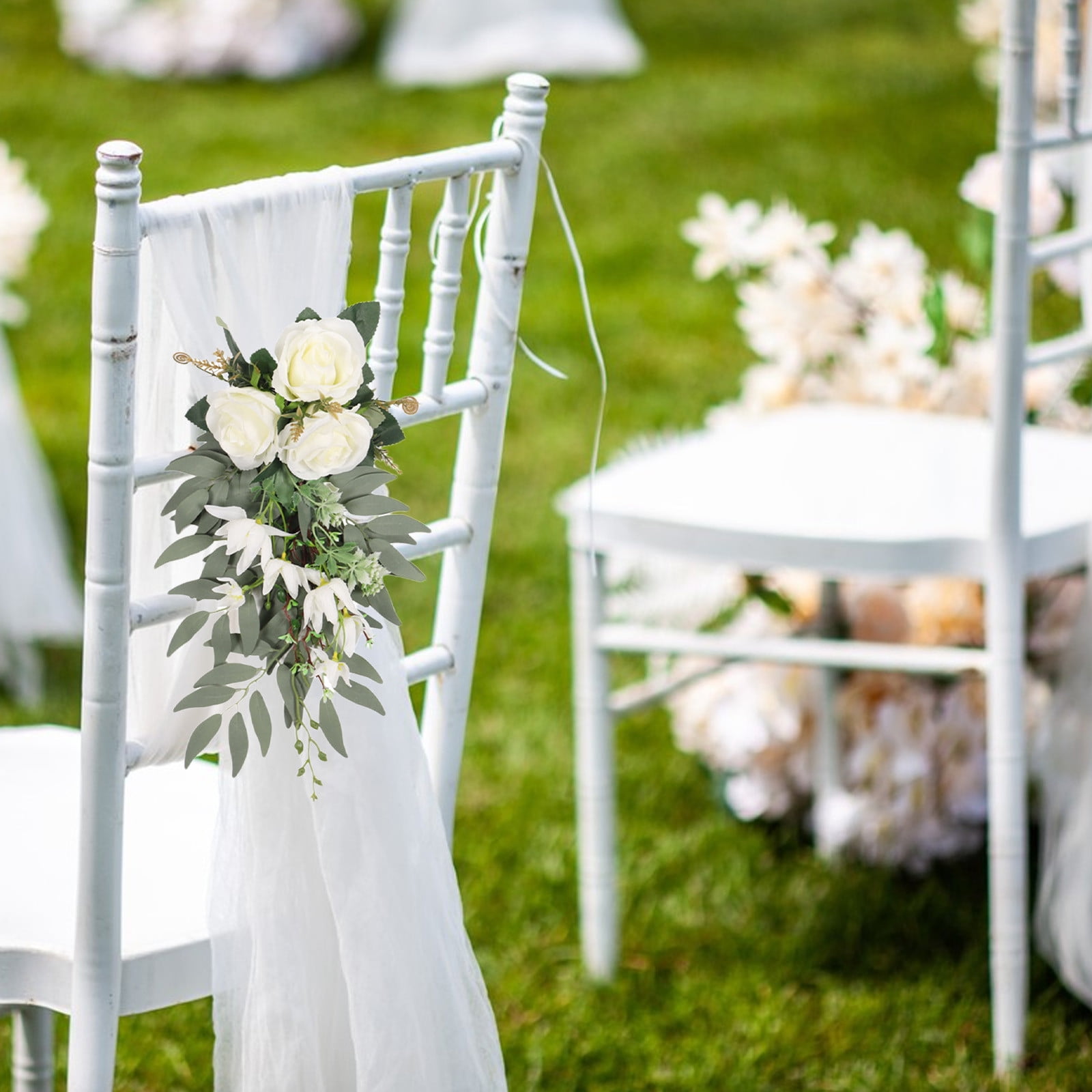 Specollect Clearance 3Pcs Wedding Aisle Decorations Pew Flowers for Wedding Ceremony Party Chair Decor with Artificial Flowers Eucalyptus and Ribbons