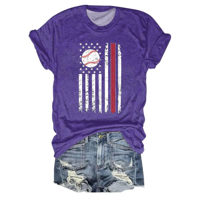 Hauts d'Été pour Femmes, Blouses Décontractées Habillées pour l'Entraînement 2024, T-Shirts Imprimés Baseball pour Femmes, Col Rond, Multi-Couleurs, Multi-Tailles, Manches Courtes d'Été, Violet