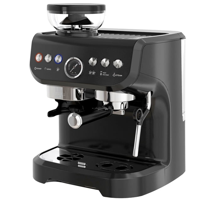 Black 15-Bar Espresso Machine with Grinder & Milk Frother - Compact Home Coffee Maker for Rich Lattes & Cappuccinos - 12.2" x 12.1" Kitchen Appliance