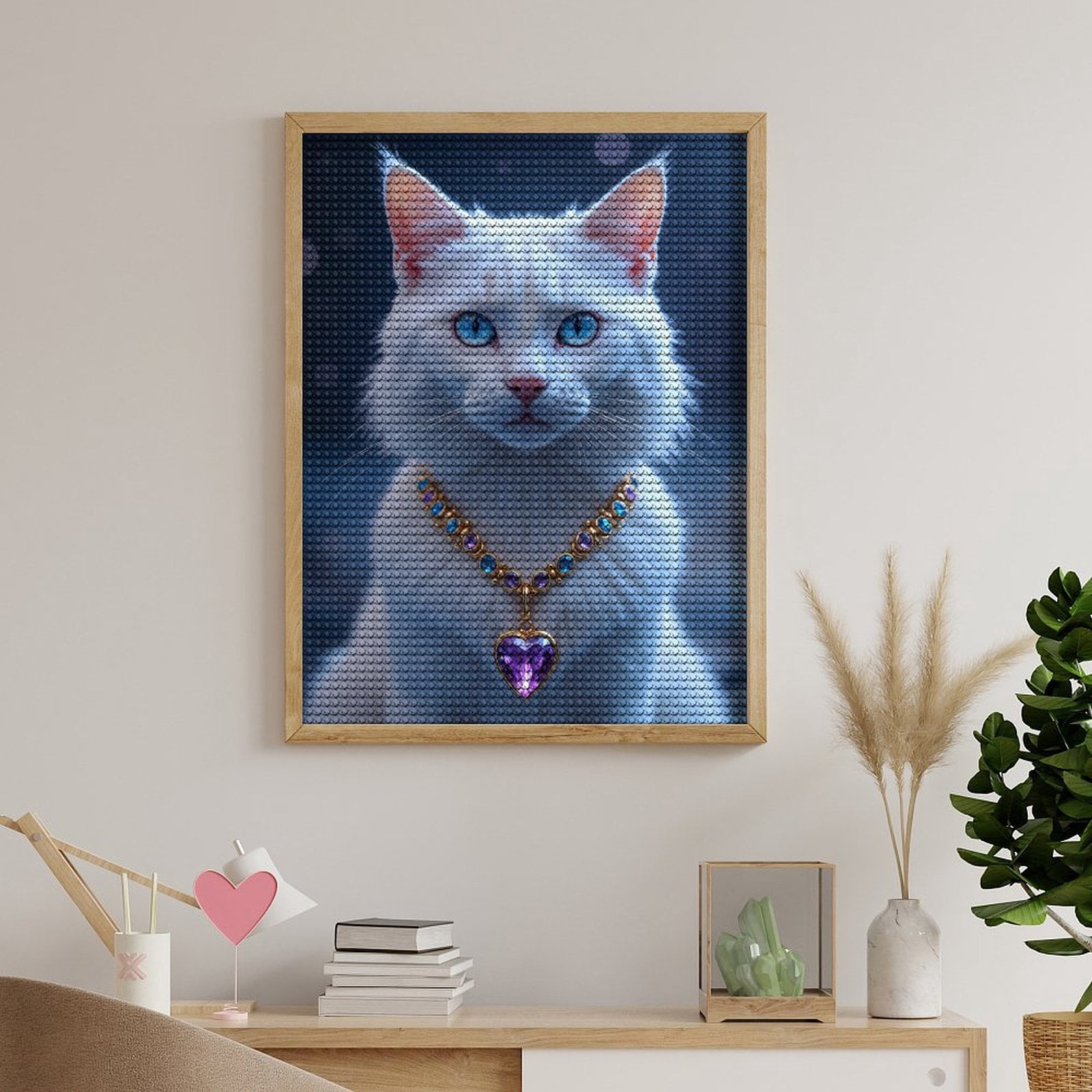 Diamond Art Kits for Adults - White Cat Jewel Necklace Blue Eyes 5d Diamond Painting for Adults, Diamond Art for Adults Beginners, Frameless Diamond Painting Kits for Adults for Home Wall Decor