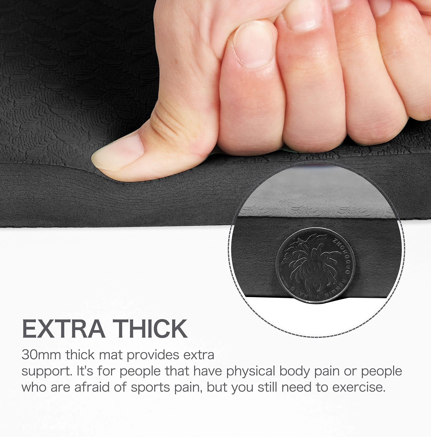 Extra Thickened 30mm Exercise Mat (72" x 32") for Men & Women Non Slip with High Density Large Shock Absorber Pad for Home Gym Travel & Floor Outside Fitness in Black